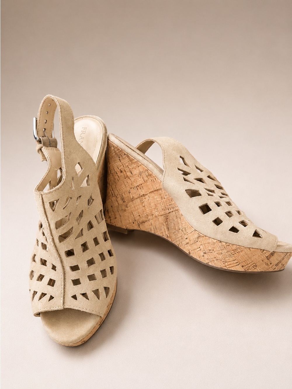 Franco Sarto Sassy Cutout Cork Wedge Sandals Beige Suede Size 8M